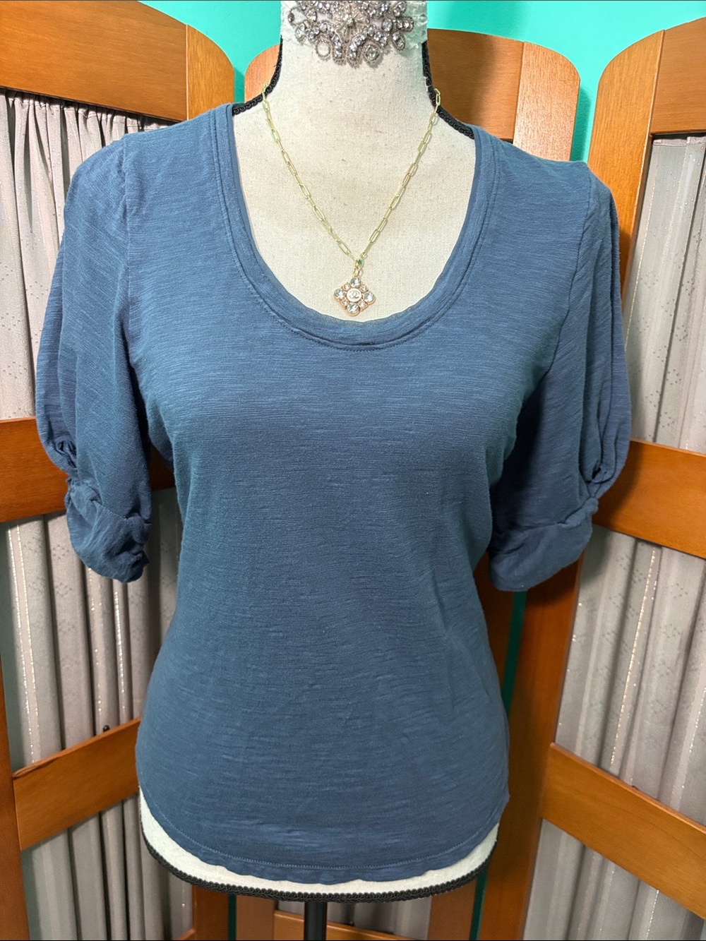 White House Black Market Slate Blue Scoop Neck Short Sleeve Top